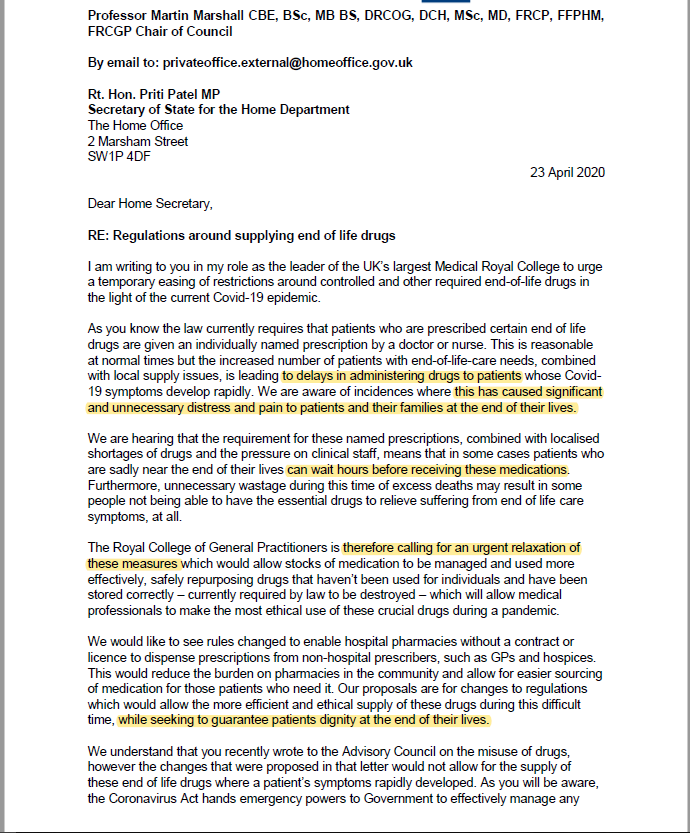 That is not me talking but the chair of  @rgcp Martin Marshall  @MartinRCGP in a letter to Priti Patel begging her to act after what is now nearly a month of inaction....it's an astonishing letter. (My highlights) /3 https://www.rcgp.org.uk/-/media/Files/News/2020/RCGP-to-home-sec-supply-of-controlled-drugs-april-2020