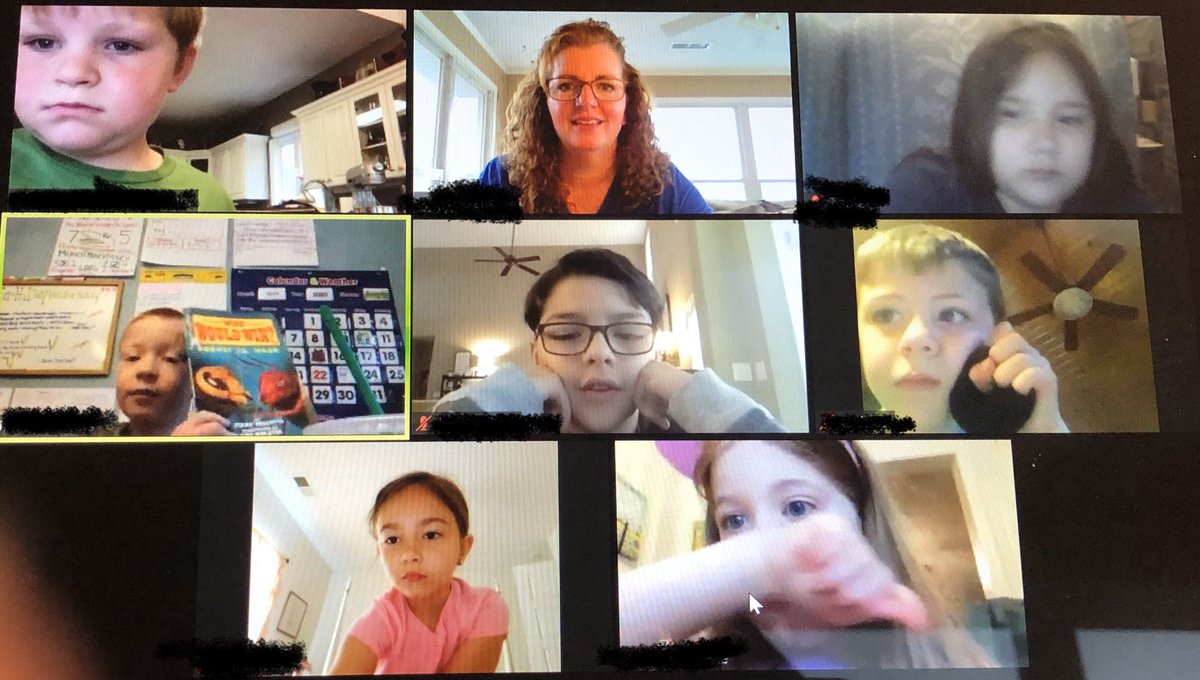 awells54321's tweet photo. When a daily Zoom is what they want, a daily Zoom is what they get! Today we shared some favorite books and they let me read to them. So fun! @zoom_us @RRESPandas @SpartanburgD5 #newnormal #keepingintouch #pandapride #d5Strong #bestclassever https://t.co/DzESPYpDGO