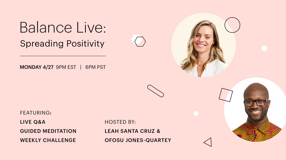 balanceapp's tweet image. We’re focusing on positivity next week. On our next #BalanceLive, Leah and Ofosu will talk about spreading joy during challenging times. Follow us on Instagram (instagram.com/balance/) now, and tune in there on Monday at 9pm EST.