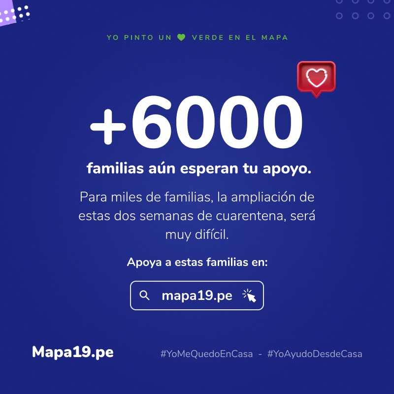 Para muchas familias, la ampliación de estas dos semanas de cuarentena, será muy difícil.  Por ello, te pedimos, de corazón, que ingreses a mapa19.pe y apoyes a más familias a resistir estos días 🙌🏼 
#mapa19 #CorazónVerde #YoAyudoDesdeCasa #YoMeQuedoEnCasa
