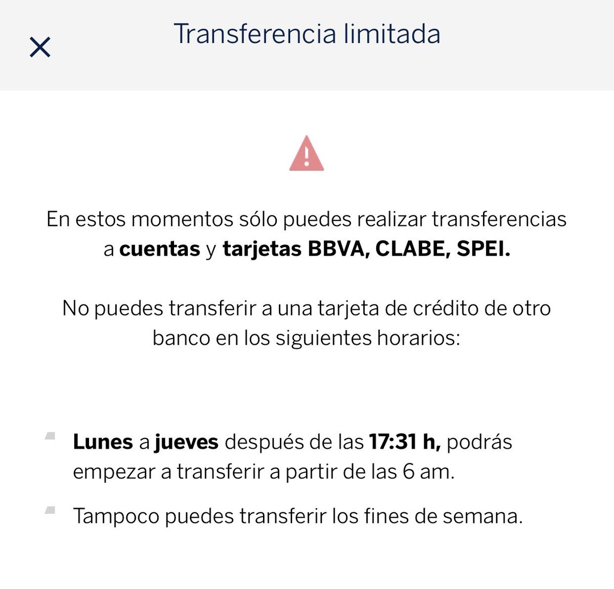 Oigan <a href="/BBVA_Mex/">BBVA México</a> llevo una hora en línea y solo me transfieren y nadie me informa porque ya no puedo transferir a otras cuentas en ciertos horarios. ¿Cuánto tiempo más debo esperar?