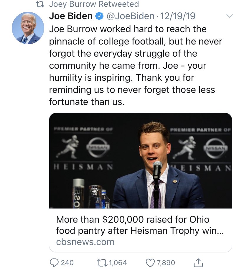 Joe Burrow recently retweeted Barack Obama’s message about the coronavirus pandemic and Joe Biden’s tweet praising Burrow for raising $200K for an Ohio food pantry.