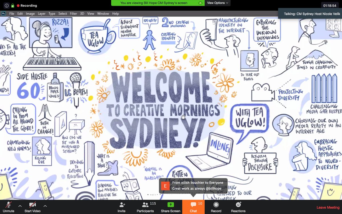 1am virtual <a href="/creativemorning/">CreativeMornings</a> sesh with @teaelleu × <a href="/Sydney_CM/">CreativeMornings/SYD</a> (epic live drawing by <a href="/BillHope_art/">Bill Hope</a>) #followfriday