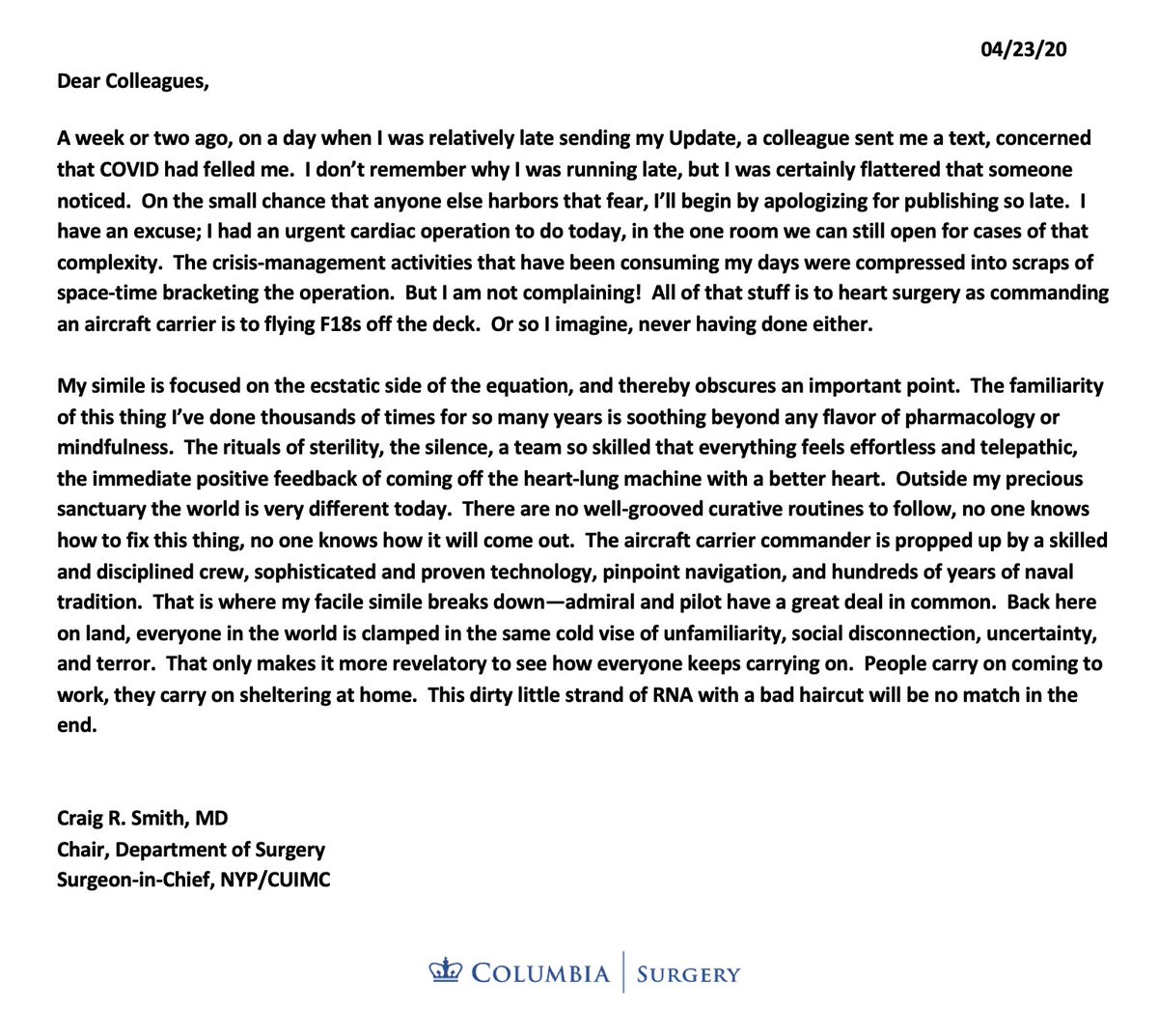 COVID-19 Update: Thursday, 4/23/20Here’s the latest missive from Dr. Craig Smith:  https://columbiasurgery.org/news/covi...