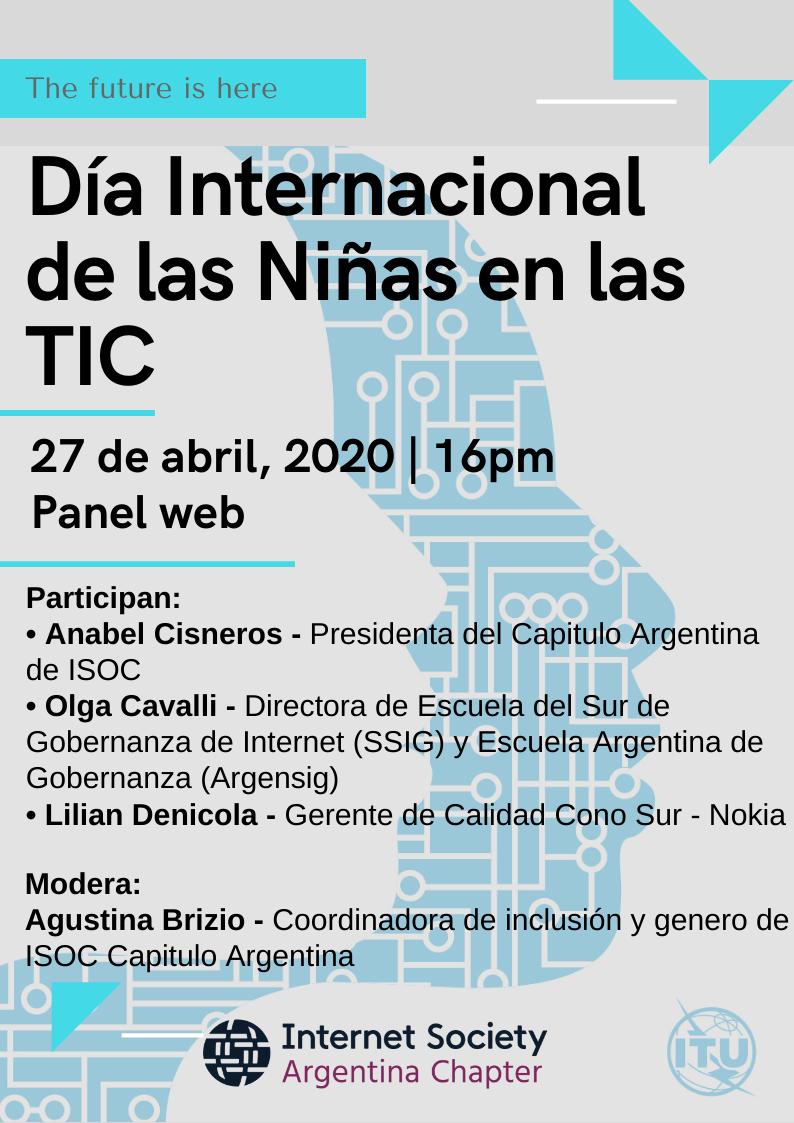 anacisne1's tweet photo. L@s invitamos al Panel Web del día de las Niñas en las #Tic este lunes 27/04 a las 16 hs organizado por @isoc_ar #GirlsinICTDay 
El evento se hará vía Zoom y pueden registrarse en el siguiente link: https://t.co/Nu5knEM3FJ… https://t.co/Rnwk2Ouws8