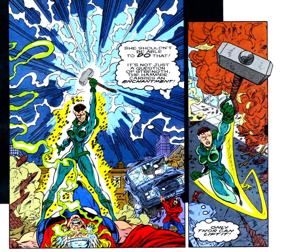13) as a member of the brotherhood of mutants, rogue fights against the avengers and defeats them. in the process, she temporarily absorbs thor’s divine powers. in an alternate universe, she became the god of thunder.⟶ avengers (1963) annual #10, what if…? (1989) #66.