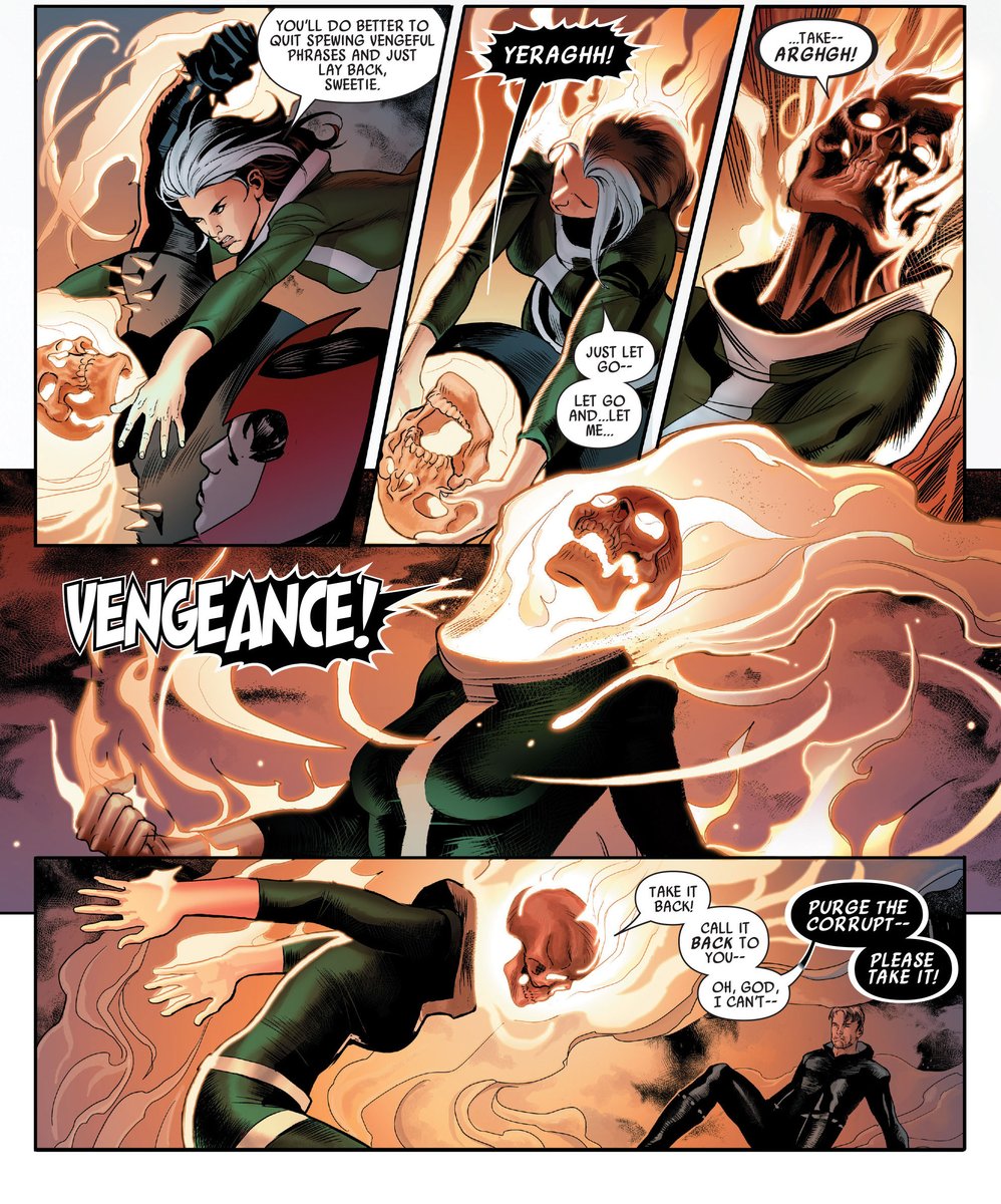 14) rogue absorbs the ghost-rider's curse but asks him to take it back, refusing to succumb to the curse’s vengeful nature.⟶ uncanny avengers (2012) annual #1.