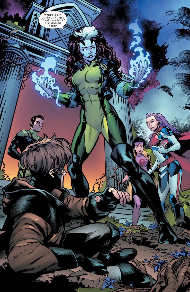 15) rogue takes revenge on apocalypse by absorbing his entire-life force and ends up getting his celestial abilities. those eventually wear off after apocalypse is resurrected in krakoa.⟶ excalibur (2019) #5.