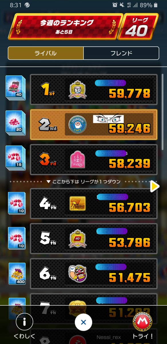 ルート3 今回のランキング戦 猛者ばかり チケットで強化するしかないか 今朝見たら二位に転落 マリオカートツアー ランキング
