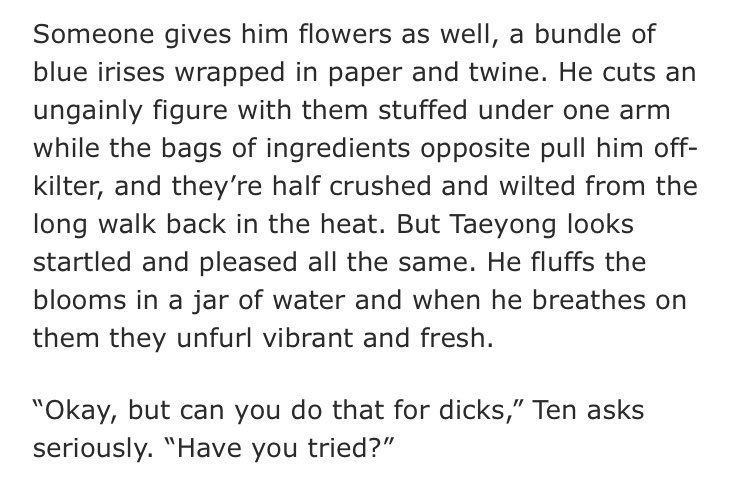 okay wait i’m stealing this idea from  @amorsichengs but some of the funniest lines in nct fic i’ve found, a thread (probably nsfw)