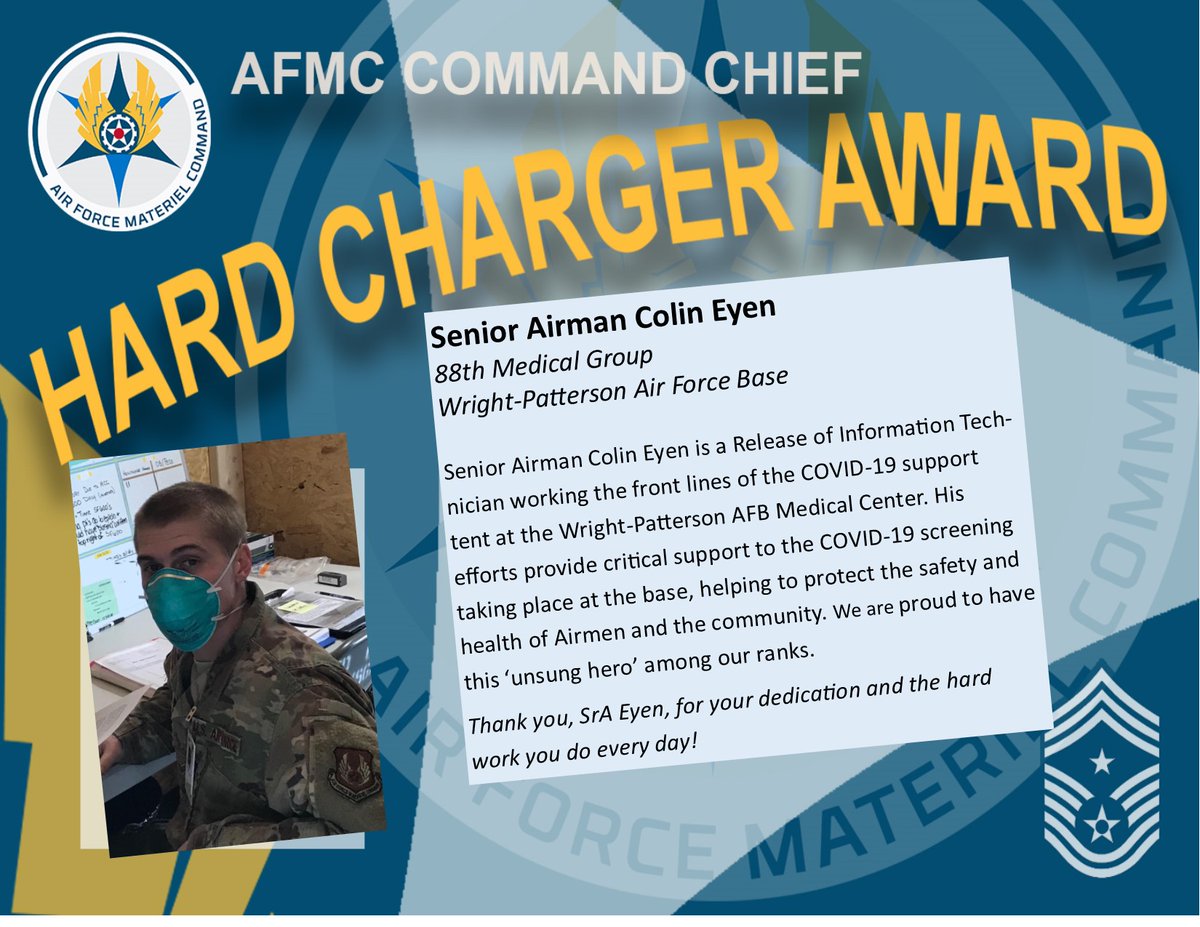 HQ_AFMC's tweet photo. Congrats to SrA Colin Eyen, @WrightPattAFB  for being the first recipient of the AFMC Command Chief Hard Charger Award! He is one of those 'unsung heroes' working hard each day to execute our mission, despite challenges of COVID-19. Way to go, Airman!
#Airman #Airmen #covid19 https://t.co/bqAes8xkRm