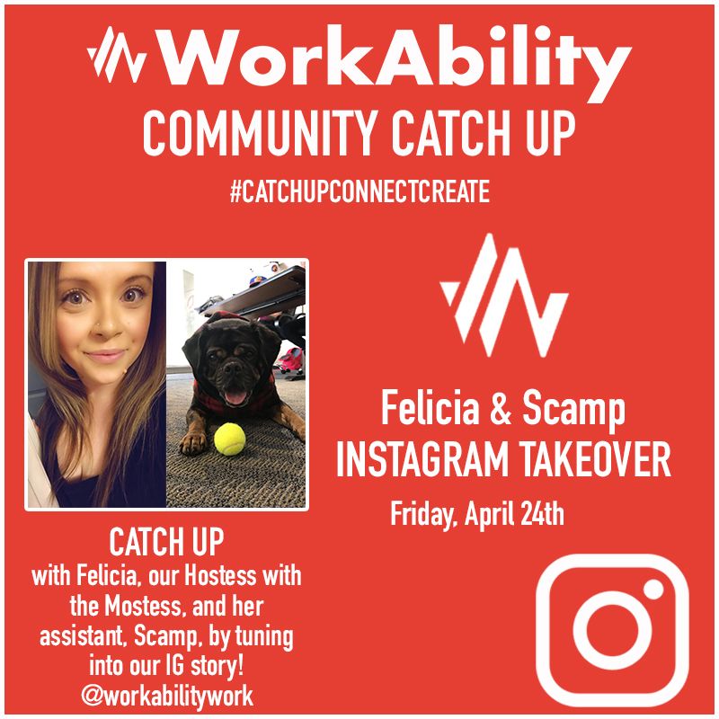 WorkAbilityWork's tweet photo. It's time for another WorkAbility #CommunityCatchup! Tune in tomorrow, Friday April 24th, to see what Felicia and Scamp are up to!
.
.
#coworking #denvercoworking #cowork #igdaily #igtakeover #takeover #community #catchup #connect #create #CreateCommunity #catchupconnectcreate https://t.co/zU08Ba7sBn