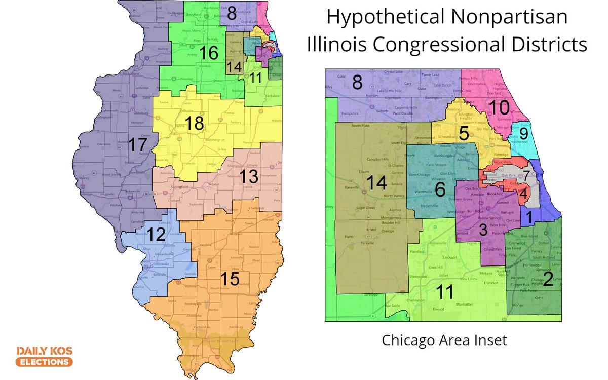 I've drawn some new Illinois nonpartisan congressional maps recently & am wondering what folks think, particularly with the Chicago variants I'll post in this thread. To start, I finished these two maps 3 years ago using 2010 pop. 1st map has one Latino district, 2nd map has two