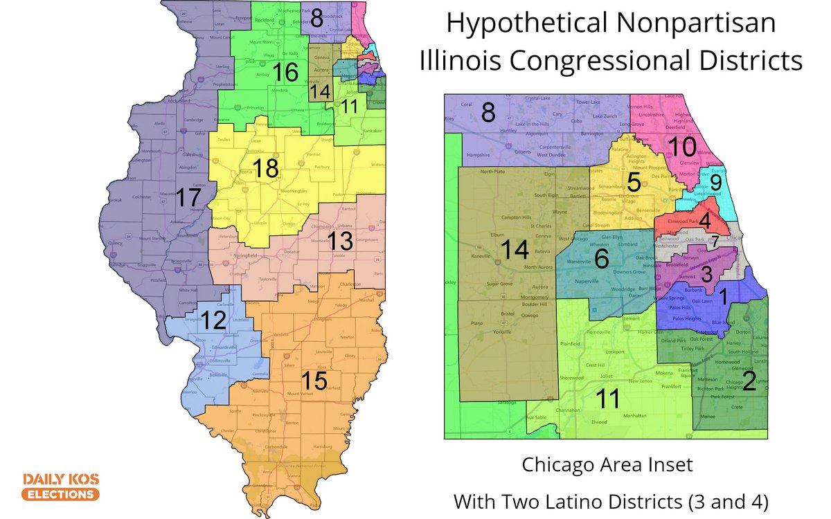 I've drawn some new Illinois nonpartisan congressional maps recently & am wondering what folks think, particularly with the Chicago variants I'll post in this thread. To start, I finished these two maps 3 years ago using 2010 pop. 1st map has one Latino district, 2nd map has two