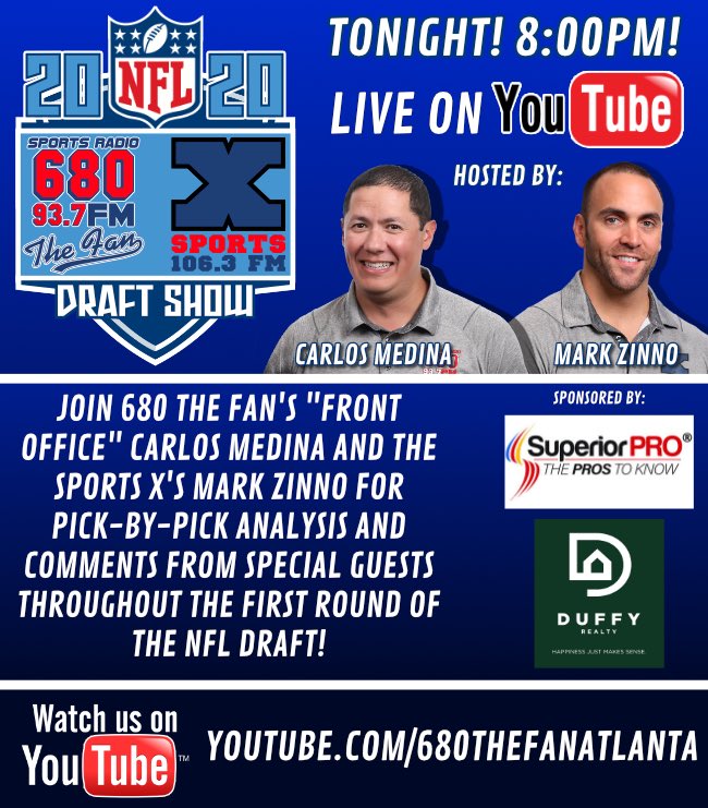 Will Falcons GM live up to his nickname, Trading Thomas? Find out tonight! Join our Live #NFLDraft Show 2020 Coverage HAPPENING NOW! <a href="/FrontOfficeLos/">Los Medina</a> + <a href="/MarkZinno/">Mark Zinno</a> are hosting along with some surprise guests! <a href="/680TheFan/">680 The Fan</a> @AtlantaSportsX 
Watch Here: youtube.com/watch?v=v0jYH3…