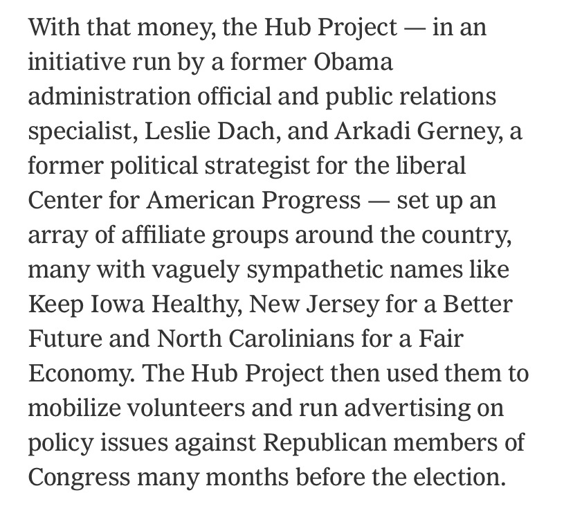 Well, the Hub Project is a massive dark money nonprofit run by former CAP flunkies. This is from the New York Times: