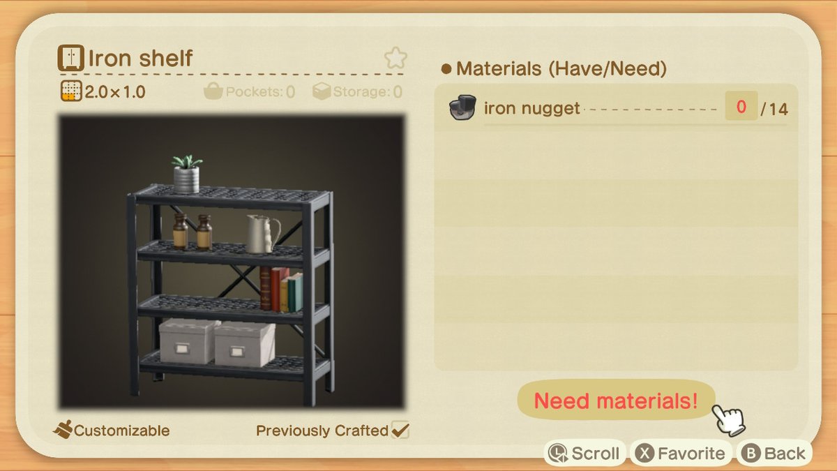 iron shelf- sells for 10,500 bells- 14 iron nuggets sell for 5,250