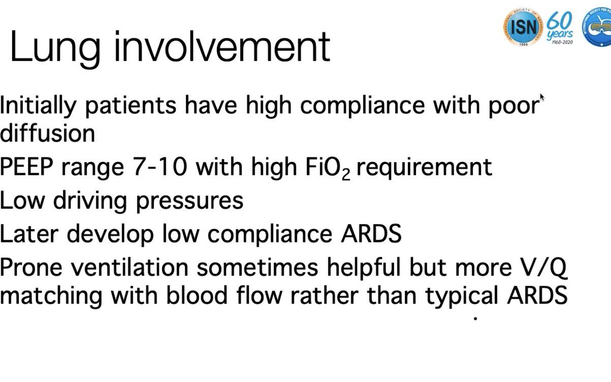 2 types of lung involvement in COVID19 pneumonia Type 1 Near normal pulmonary compliance with isolated viral pneumonia type 2 -Decreased pulmonary compliance https://ccforum.biomedcentral.com/articles/10.1186/s13054-020-02880-zProne ventilation sometimes helpfulFluid balance not easy – even in the ICU