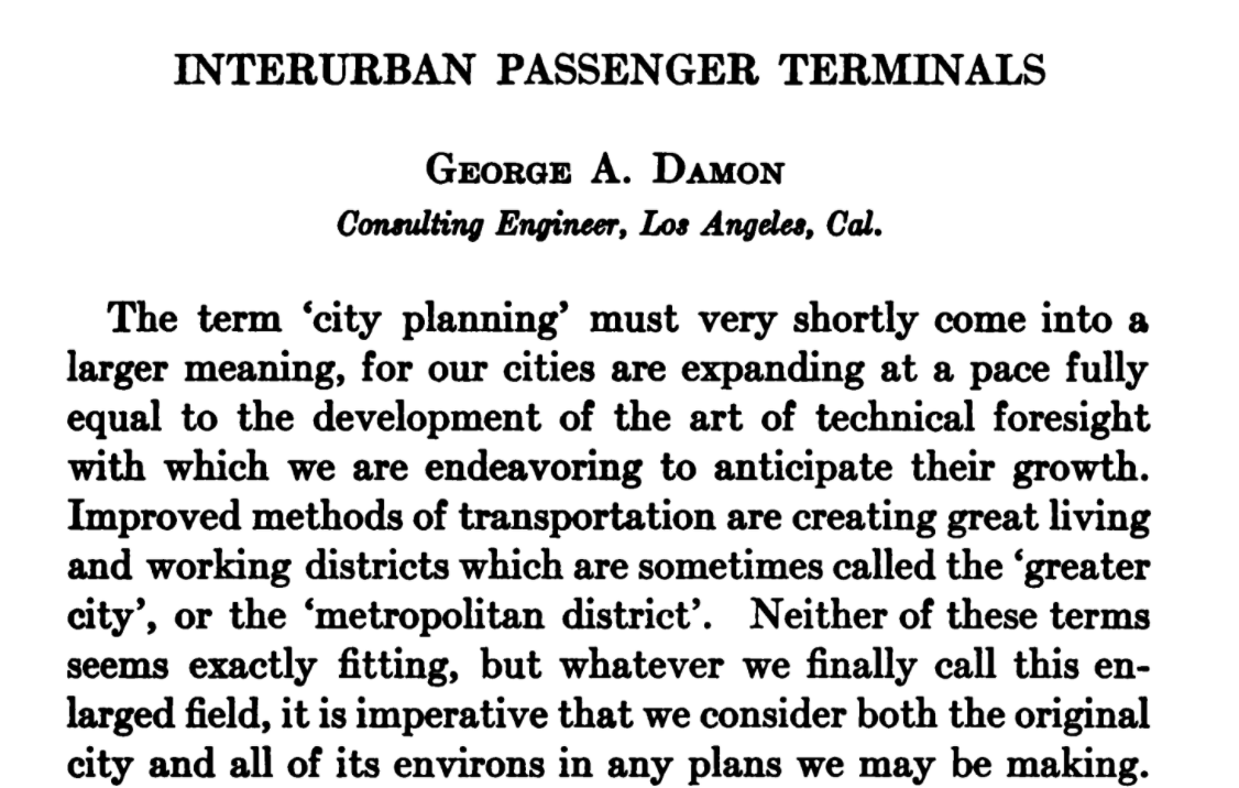 Wow he was brief. Refreshing! George Damon, engineer from LA, is up next to talk about "Interurban Passenger Terminals" which apparently is a big local issue in KC right now. He starts talking about regional planning, but there's no term for that yet. Maybe "greater city"?