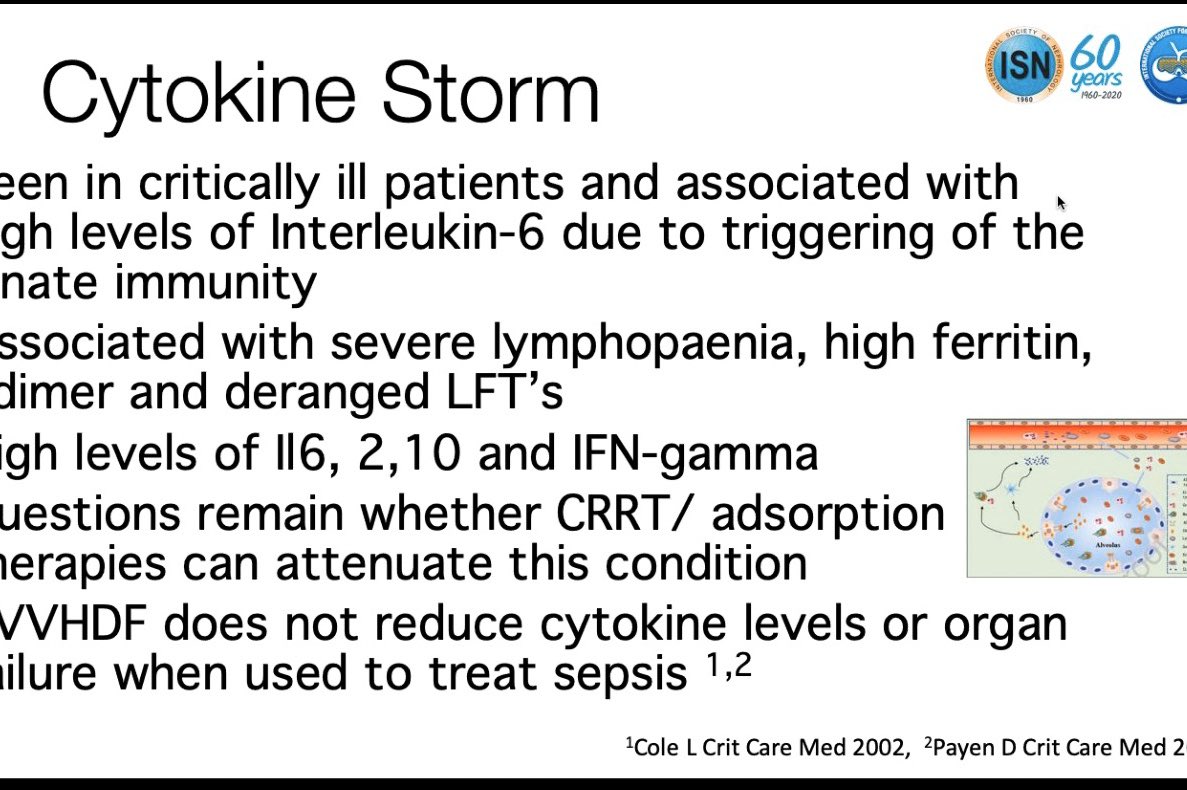 Does filtration help with the cytokine storm? NO https://journals.lww.com/ccmjournal/Abstract/2002/01000/A_phase_II_randomized,_controlled_trial_of.16.aspx https://journals.lww.com/ccmjournal/Abstract/2009/03000/Impact_of_continuous_venovenous_hemofiltration_on.1.aspx