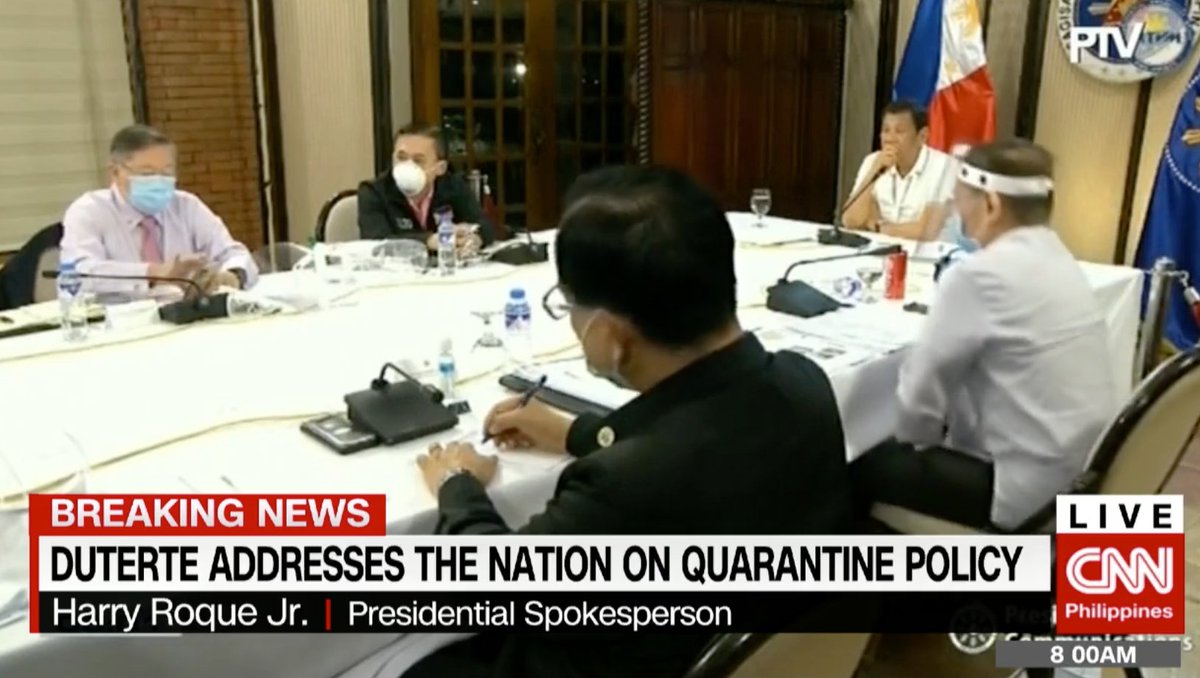 President Rodrigo Duterte's address airs exactly at 8am, taped from yesterday.Presidential Spokesperson Harry Roque reads Duterte's approved measures. Facebook  https://bit.ly/34Yoxg4  Live stream  http://cnn.ph/1LXc9jG  Free TV ch. 9, Cignal ch. 10, Sky Cable ch. 14