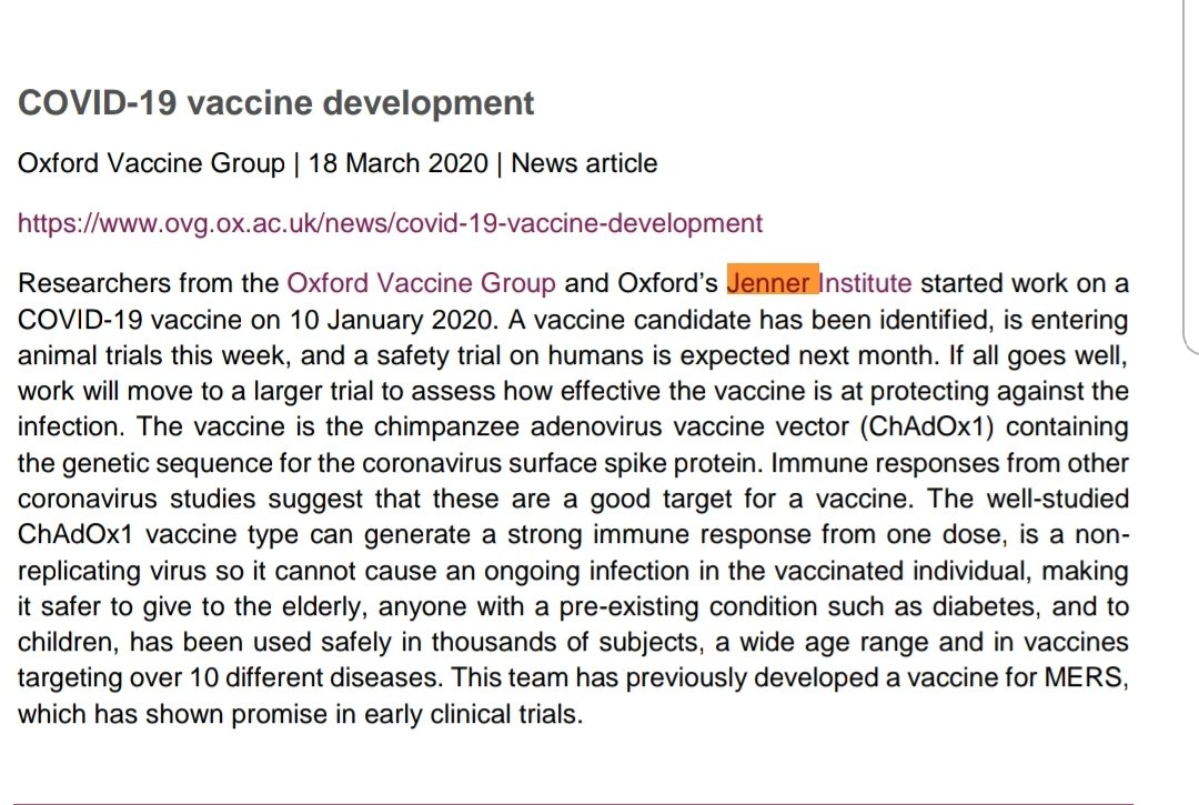 With  #China confirming  #COVID19 deaths on 31 December 2019. Even allowing for the  #Genome sequence to have been discovered in January 2020,  #JennerInstitute appear to be ahead the game in their pursuit of a  #vaccine on 10 January 2020?    #SarahGilbert  #chriswhitty