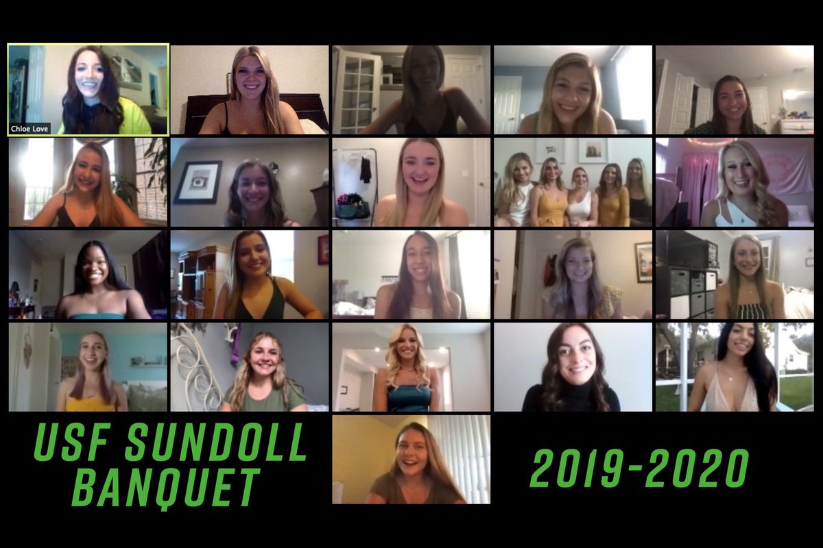 USFSunDoll's tweet photo. We had a blast celebrating our end of season SunDoll Banquet! We are so proud of each and every one of these incredible ladies &amp; can’t wait to be reunited in person again soon! It sure has been an amazing season. Stay tuned for end of season award announcements! 💚✨ #USFSunDolls https://t.co/IZkiqJQ5Pz