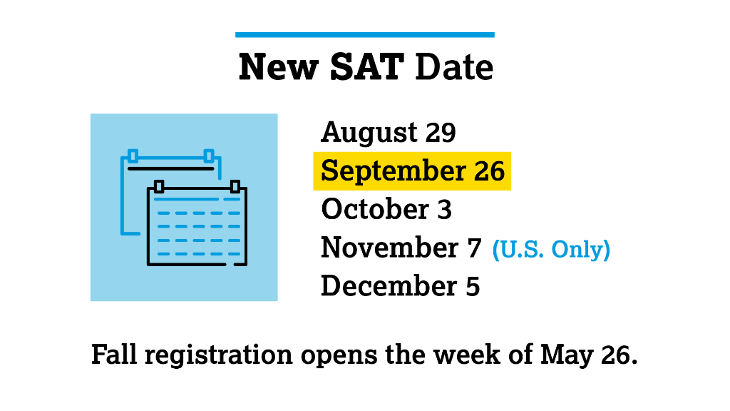 If it’s safe, we’ll provide weekend SAT administrations every month through the end of the calendar year, beginning in August. This includes a new administration on September 26.

Registration for these SAT dates will open the week of May 26. spr.ly/60141N0CY