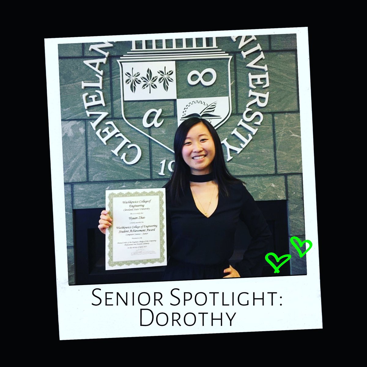1964Society's tweet photo. Senior Spotlight! Dorothy Zhao🎓🤍💚 Major: Computer Science & Health Sciences Graduation plans: She will be working as a software developer at Medical Mutual in their Career Associates program! Let’s congratulate Dorothy on her graduation!
#VikeForLife #CSUAA #1964Society https://t.co/XqVVhcH5w3