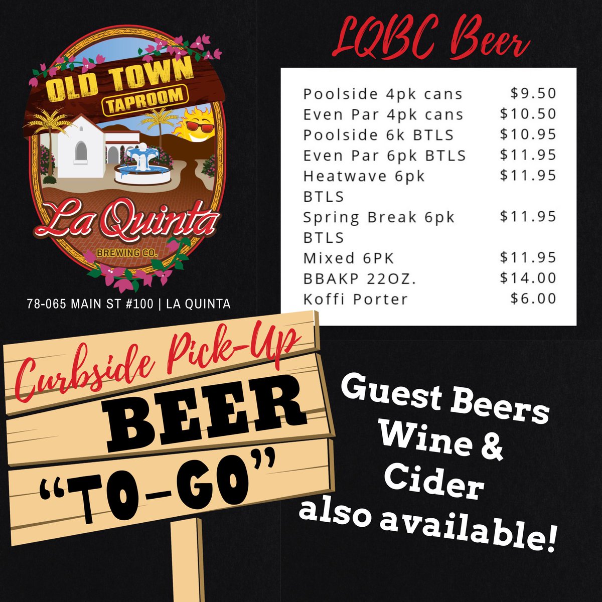 LaQuintaBrewing's tweet photo. Our Old Town Taproom is OPEN today thru Saturday, 3-7pm and Sunday 9a - 12pm for beer, wine, cider & more “to-go”! #supportlocal #smallbusiness #community #tastethesunshine #laquintabrewing #responsiblebrewery #authenticallylocal #independentbeer #staycool #drinklocal https://t.co/tzlECWRVlk