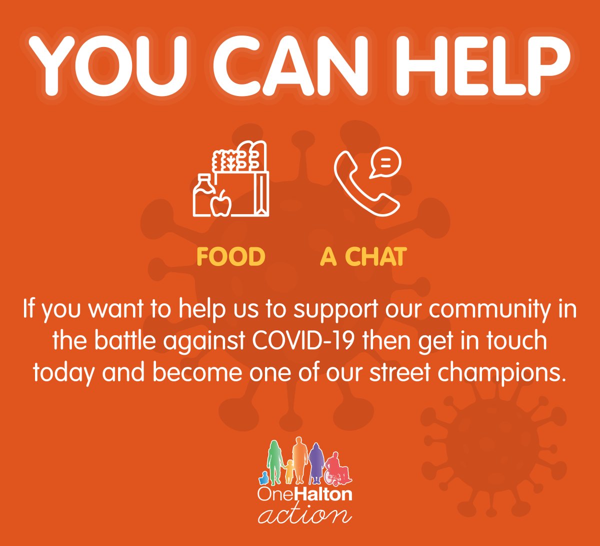 Could you be a street champion? Offering support to neighbours and those in the local community who are isolated and in need of help during the current COVID-19 crisis.

If you want to help, well find a role for you: ow.ly/K8sN30qA9Ir or call 01928 592405