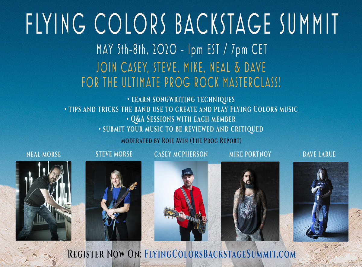 Flying Colors are pleased to announce their Backstage Summit, a 4-day online interactive music experience set to take place May 5th thru 8th. The band will take part in songwriting tips, Q&amp;A sessions &amp; a lot more! 
Space is limited, so register now!  
flyingcolorsbackstagesummit.com