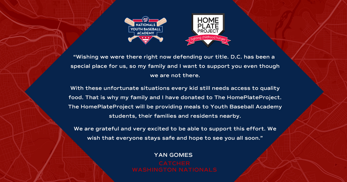 Nats4Good's tweet photo. Thank you Yan Gomes, Big League Impact, and Teammates for Kids for your generous support!
Through the #HomePlateProject we can deliver 11,550 meals to kids and families with the distribution of nightly meals and weekly produce bags at #NatsAcademy.
#Nats4Good https://t.co/3qhvGK2FK8