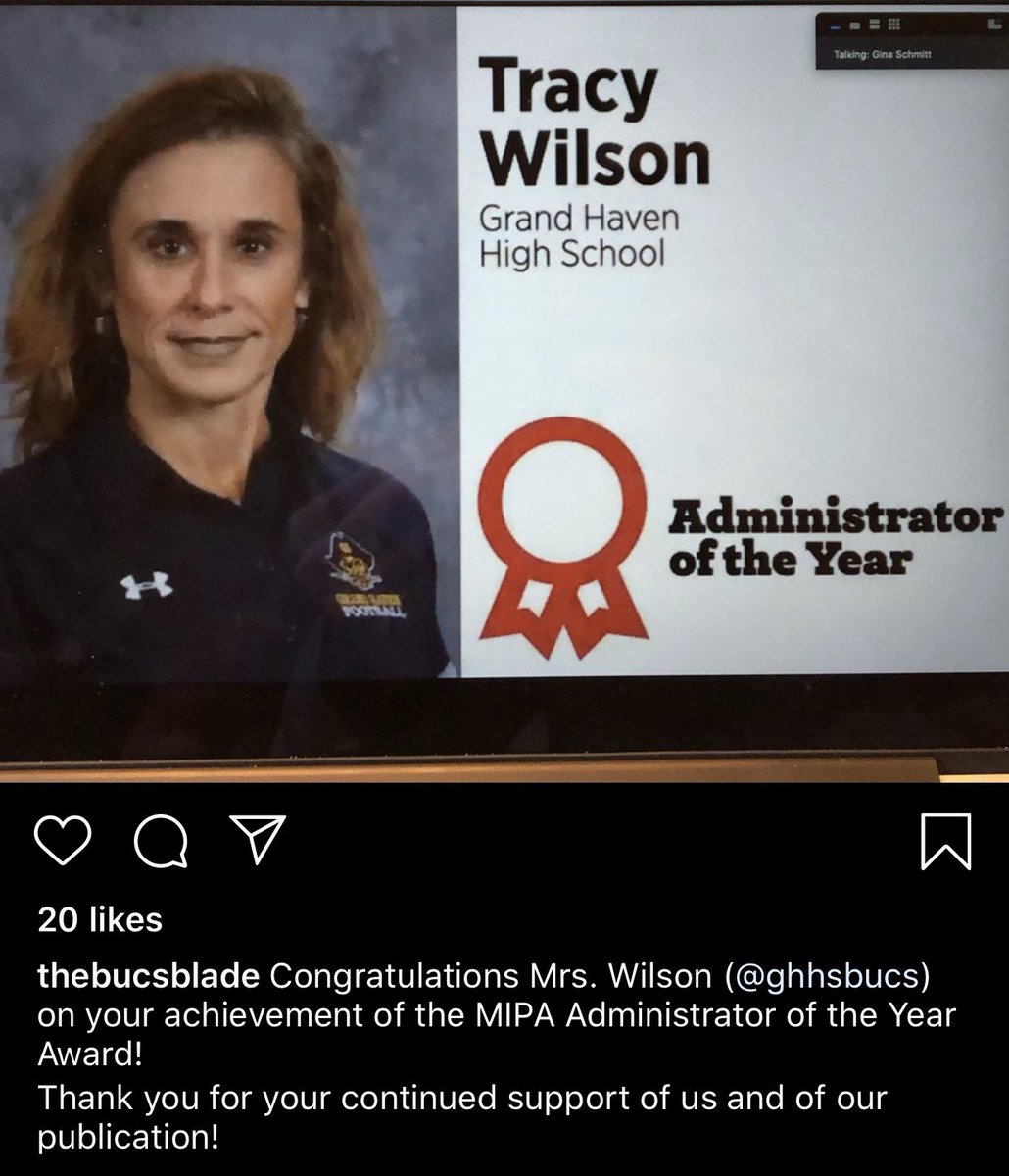 schmitt_gina's tweet photo. A true champion of ALL students! Enjoyed watching @tracylnwilson @ghhsbucs be named the @MIPAMSU  Administrator of the Year with @TheBucsBlade staff! https://t.co/ZO9tk6Mn5i