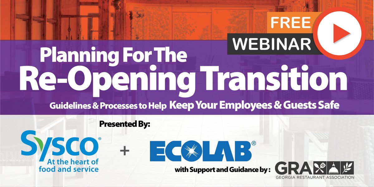Plan Ahead for Re-Opening Your Dining Rooms!
Sysco is partnering with Ecolab and Georgia Restaurant Association to bring you the most up-to-date Guidelines, Procedures, and Processes.
REGISTER TODAY ::: bddy.me/2YbKqav
Stay #foodservicestrong !