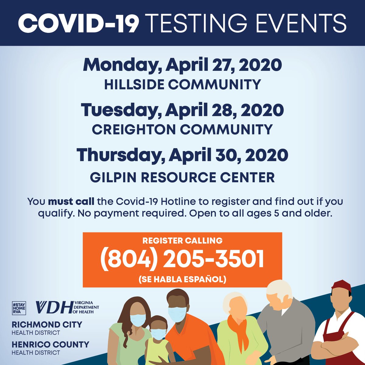 The Richmond City Health District will be performing COVID-19 testing in RRHA public housing communities beginning Mon. April 27. Pre-registration is recommended. Call 804 205-3501 to register if you have symptoms such as coughing, sneezing, fever and/or shortness of breath.