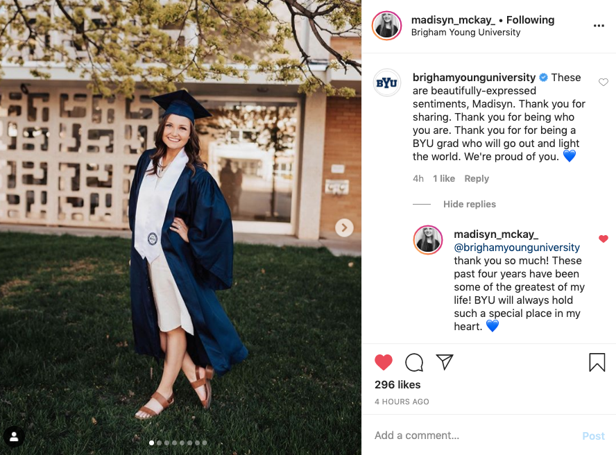 jMcBee84's tweet photo. Finally, just a bit about monitoring and engaging. A big focus of ours on celebration days like this (along with #BYUFirstDay and #BYUBound) is taking the opportunity to celebrate WITH our followers during these high points. https://t.co/4H1ApAm7Ex