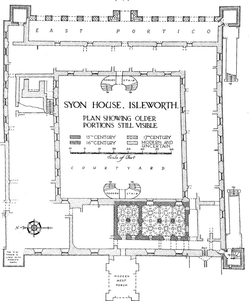 So what's left? Syon Hall W wing retains some medieval vaulting in its undercroft. The Pevsner assumed this was from the cloister W wing, and the house was built on top of the abbey cloister, even though that's not how monastic sites are built on (you generally focus on one wing)