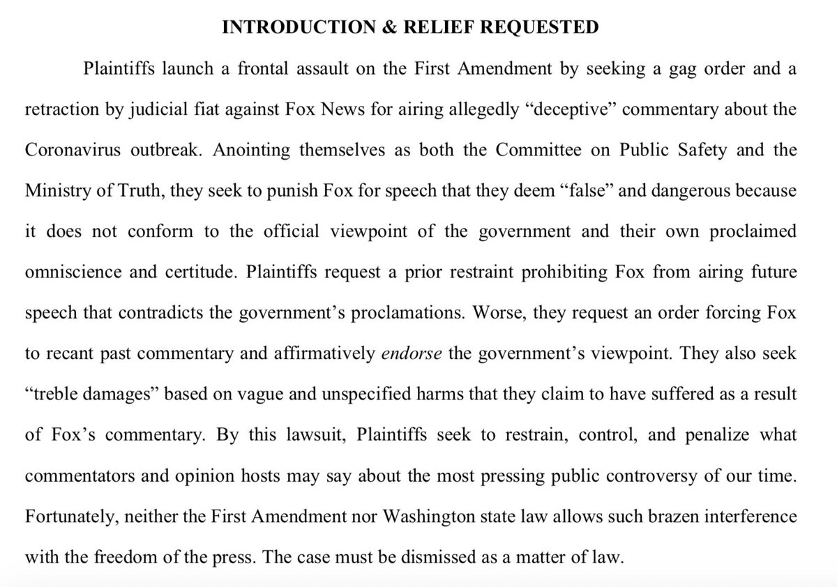 FoxResponse's tweet photo. Today, Fox Corporation filed a motion to dismiss activist group WASHLITE’s lawsuit, which represents a “frontal assault on the First Amendment” and “brazen interference with the freedom of the press” https://t.co/GFtwZNuxOh
