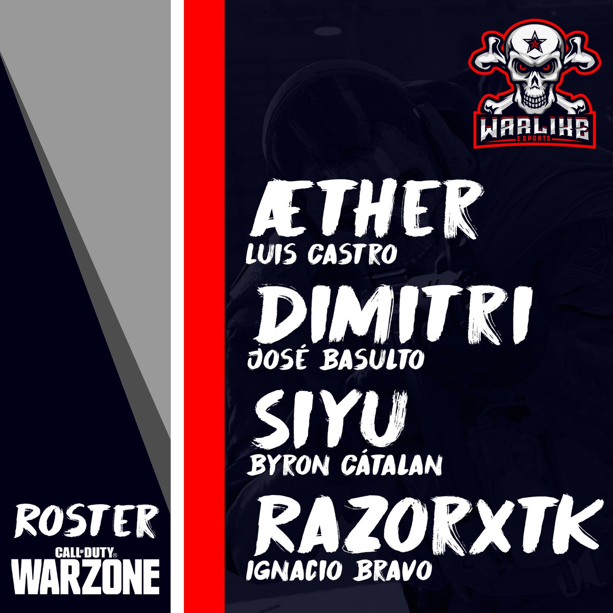 WarlikeSports's tweet photo. ¡Vamos con todo! Les presentamos nuestra escuadra de Call Of Duty: Warzone. Representara al equipo en varios torneos, los saludamos con una gran bienvenida. #GOWRL

#COD #Warzone #BattleRoyale #esports #team https://t.co/qyG9yLGzg0