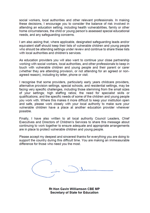 GavinWilliamson's tweet photo. Today I sent a letter to all education providers sharing my gratitude for their efforts to continue to care for our most vulnerable children and young people at this challenging time. https://t.co/xlRfppyEfU