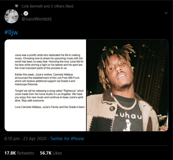 Woodysworld2000's tweet photo. A Letter has been released by juice wrld's representatives, also stating how a song will be released tonight!!! https://t.co/D7etiFk105