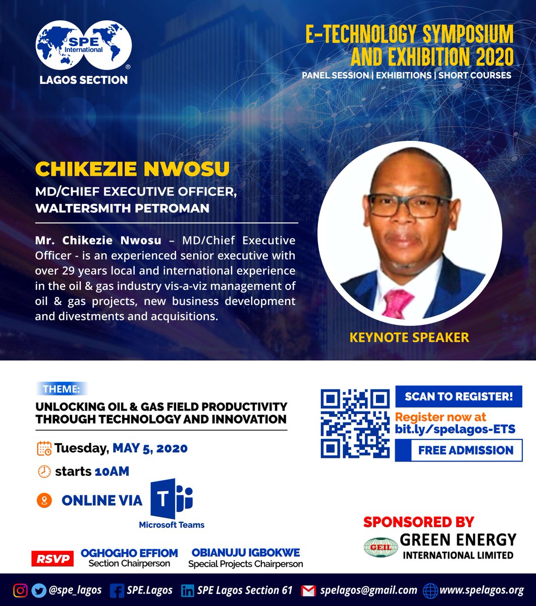 spe_lagos's tweet image. Meet the Keynote Speaker in the Panel Session of @spe_lagos &quot;E-Technology Symposium and Exhibition 2020&quot; holding May 5-9, 2020.

Mr Chikezie Nwosu is the MD/CEO of Waltersmith Petroman Oil Limited. 

Register to participate via bit.ly/spelagos-ETS

 #TechnologySymposium