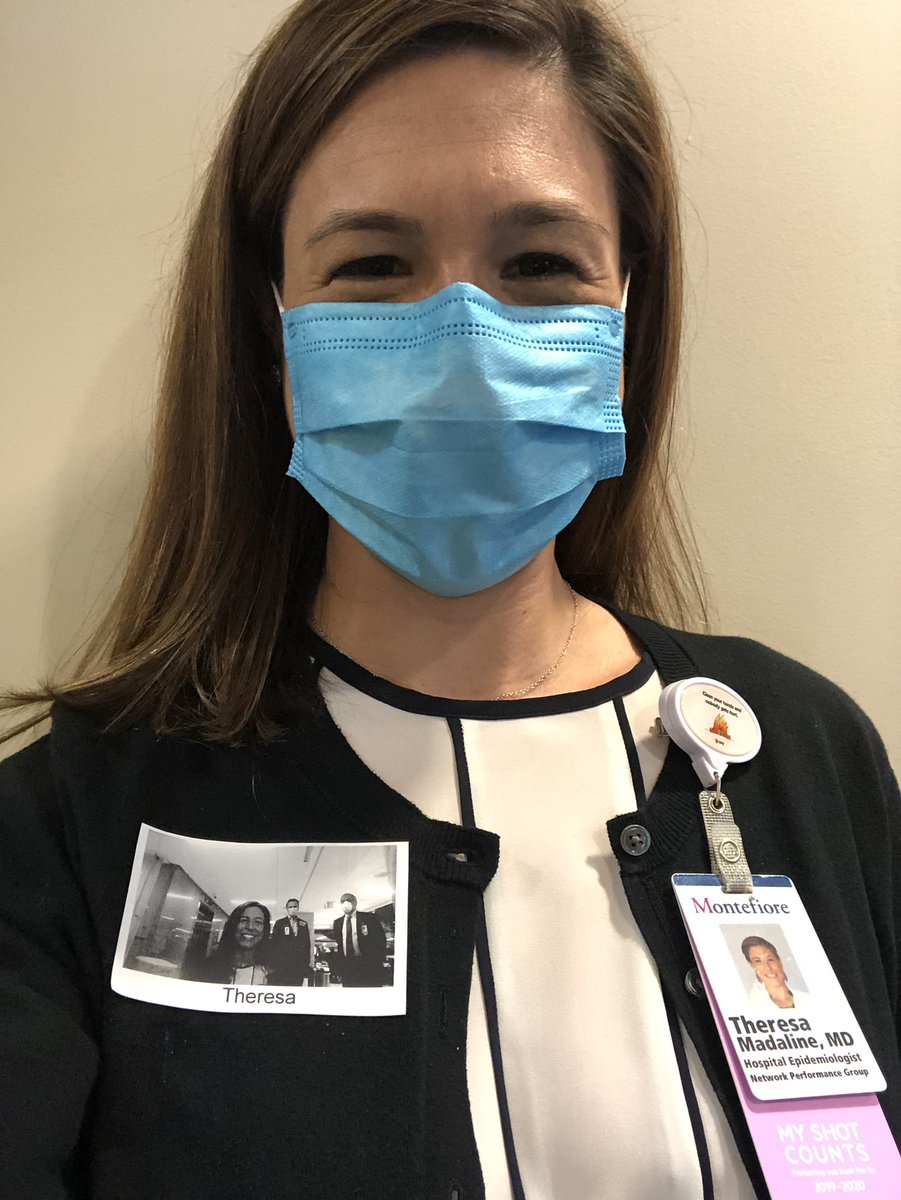 TMadalineID's tweet image. Masks &amp;amp; Gowns help prevent spread of #COVID19 in the hospital, but cover our badges &amp;amp; smiles &amp;amp; make it hard for patients to connect w us. Thanks, IT team for printing picture nametags at the entrance of @MontefioreNYC to show patients our faces &amp;amp; names! #IDtwitter #montestrong