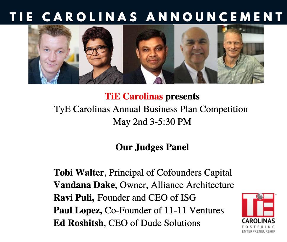 Don't miss the TIE CAROLINAS TYE Annual Business Plan Competition on May 2nd. Our panel of esteemed judges will select the winner among the High School entrepreneurs.

Register now lnkd.in/ezni6Q9