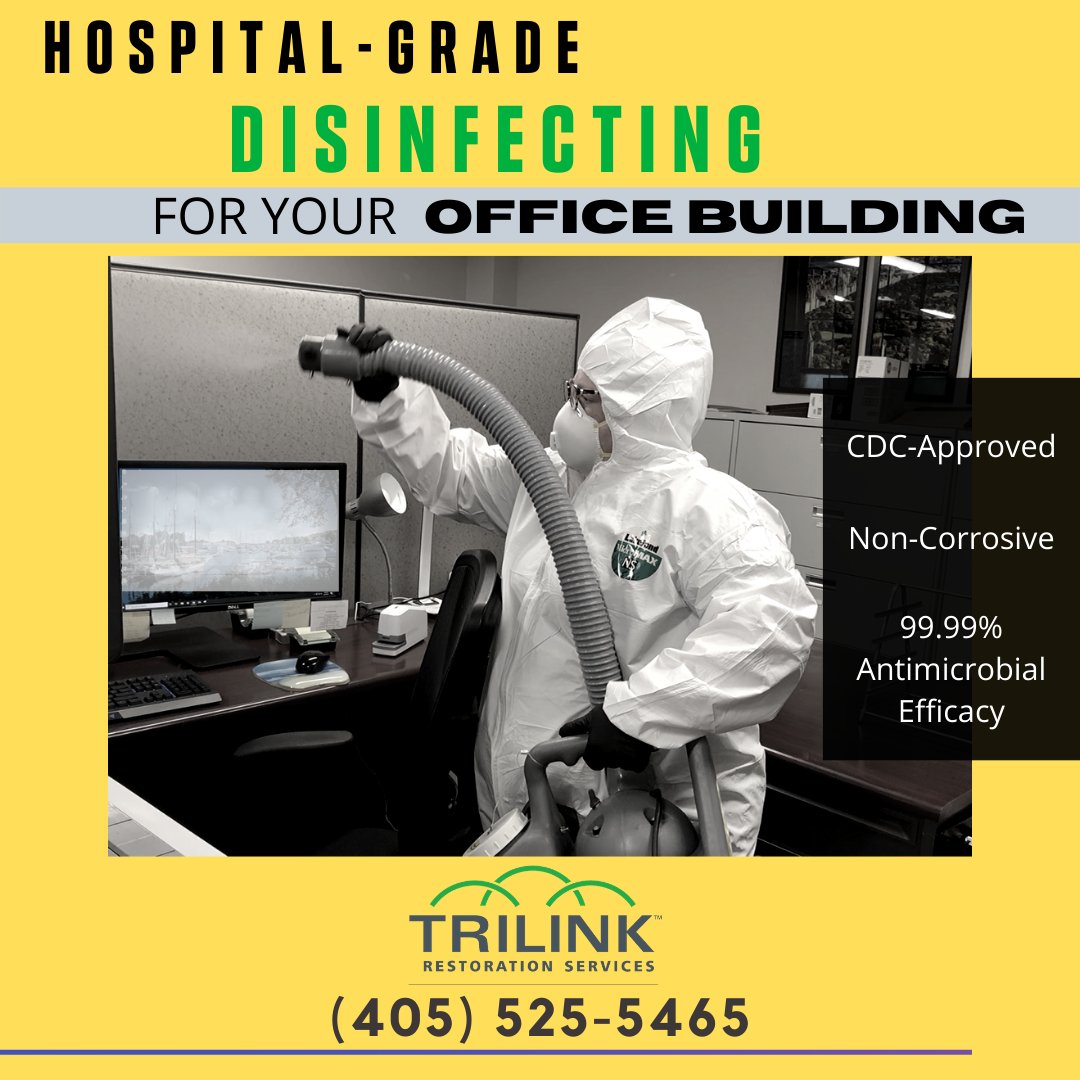 trilinkokc's tweet photo. As businesses begin to open back up around Oklahoma, TRILINK is here to provide Hospital-Grade Disinfecting services. Stay safe.

#staysafe #covid19 #hospitalgrade #cleaning #disinfecting #okc #oklahoma #norman #edmond #moore #yukon #shawnee https://t.co/rW6N4wTtPP