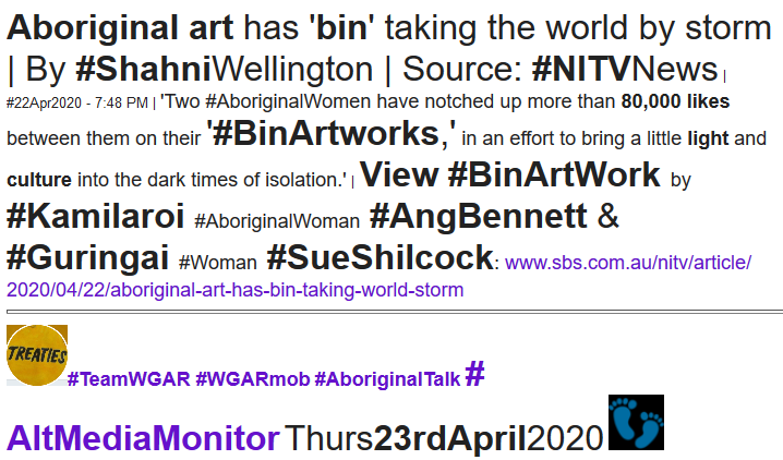 WgarNews's tweet photo. @lynlinking @BakchosGlass @RobRobbEdwards @RachelQuayle08 @WhteRbbnAdvocat @anne_clothier @janettj777 @noplaceforsheep @LadyPoop2 @OBallmark2 '#BinArtworks,' #AboriginalArt has '#bin' #TakingTheWorldByStorm View #BinArtwork by #Kamilaroi #AboriginalWoman #AngBennett & #Guringai #Woman #SueShilcock: https://t.co/PRqxdS5rUC By #NITVauthor #ShahniWellington 'bringaLittleLight& #AboriginalCulture in2 #DarkTimesOfIsolation' https://t.co/iDcNMapFg2