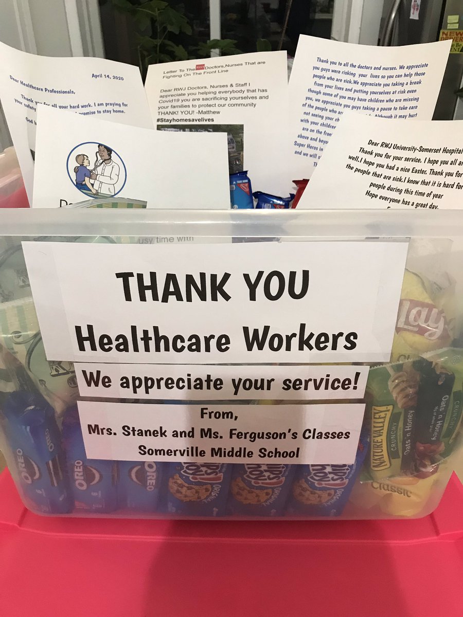 Shout out to students in Mrs Stanek &amp; Ms Ferguson's classes at SMS for taking part in our "Helpers" Comm Service Project! Students wrote thank you letters to our Healthcare Heroes at RWJ Univ Hospital &amp; delivered with a basket of treats. #RWJSomerset #radiology #allin4theville