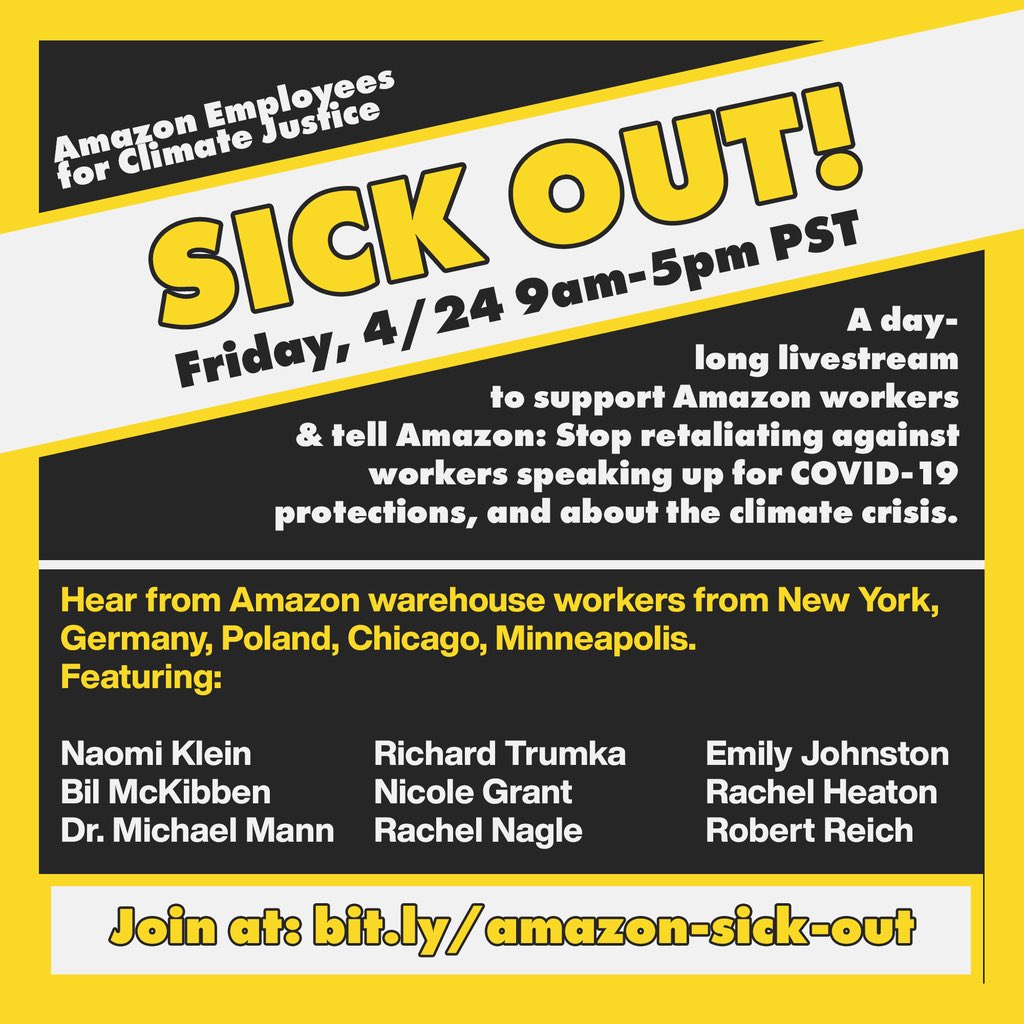 waycjofficial's tweet photo. join @AMZNforClimate ‘s “Sick-Out” tomorrow! hear from amazon warehouse workers all across the world who are speaking UP about the climate crisis and covid-19 health concerns. register at https://t.co/Y4mdcbDf0U ‼️ https://t.co/g8RvFYFgwq