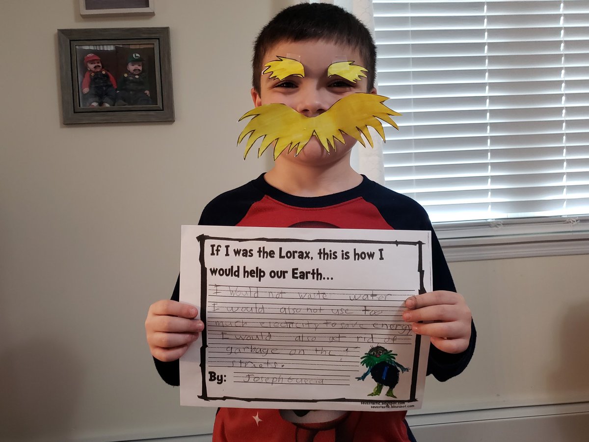 First graders disguised themselves as The Lorax and wrote about how they will help the Earth. #EarthDay2020 #WeAreBethpage <a href="/KLSBethpage/">Kramer Lane Elementary</a> <a href="/BethpageUFSD/">BethpageUFSD</a>